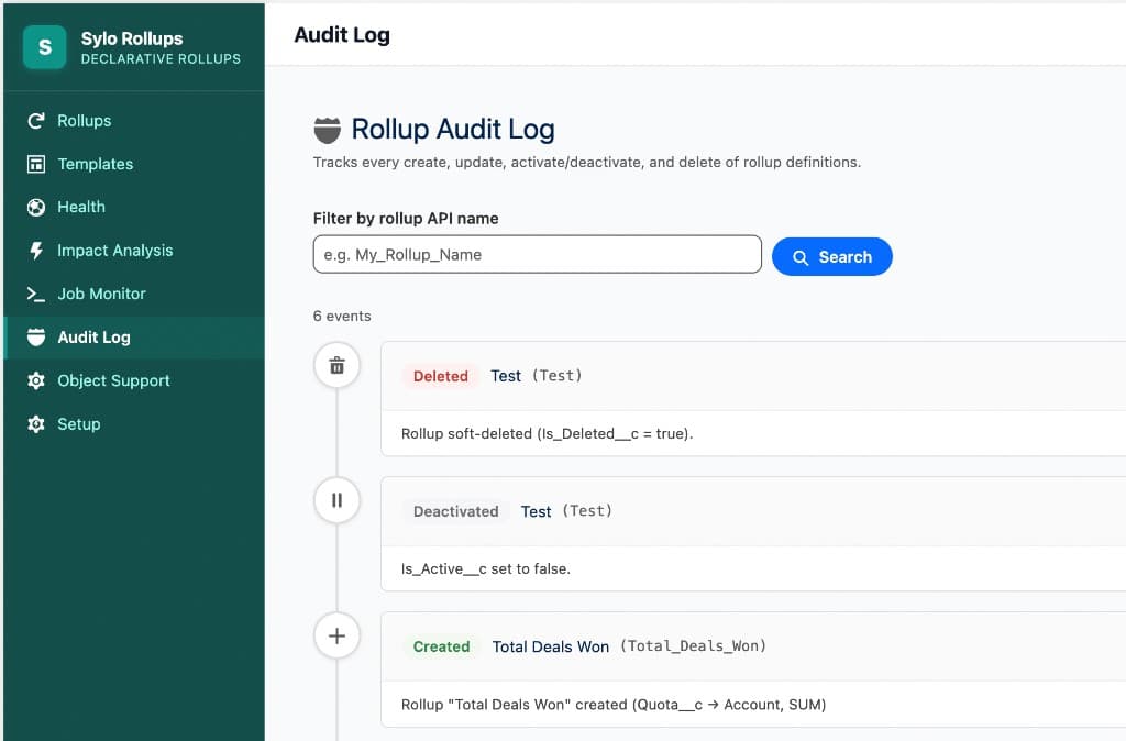 Audit log — tracks every create, update, activate/deactivate, and delete of rollup definitions with event type, name, and details.