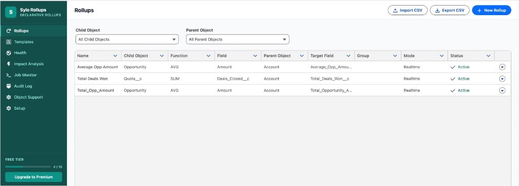 Sylo Rollups app — Rollups list with filters, Import/Export CSV, and New Rollup. Table shows Name, Child Object, Function, Field, Parent Object, Target Field, Mode, and Status.