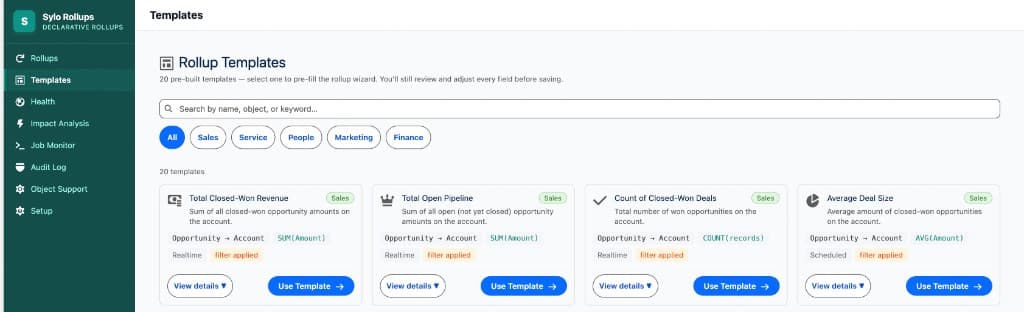 Template library — 20+ pre-built rollup templates by category: Sales, Service, People, Marketing, Finance. Each card shows object, aggregation, and Use Template.